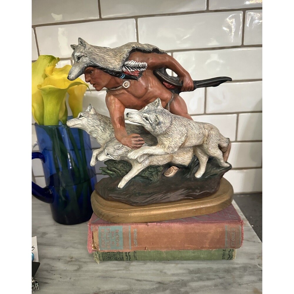 Vintage 1989 Native American Ceramic Indian Warrior Running With Wolves Statue